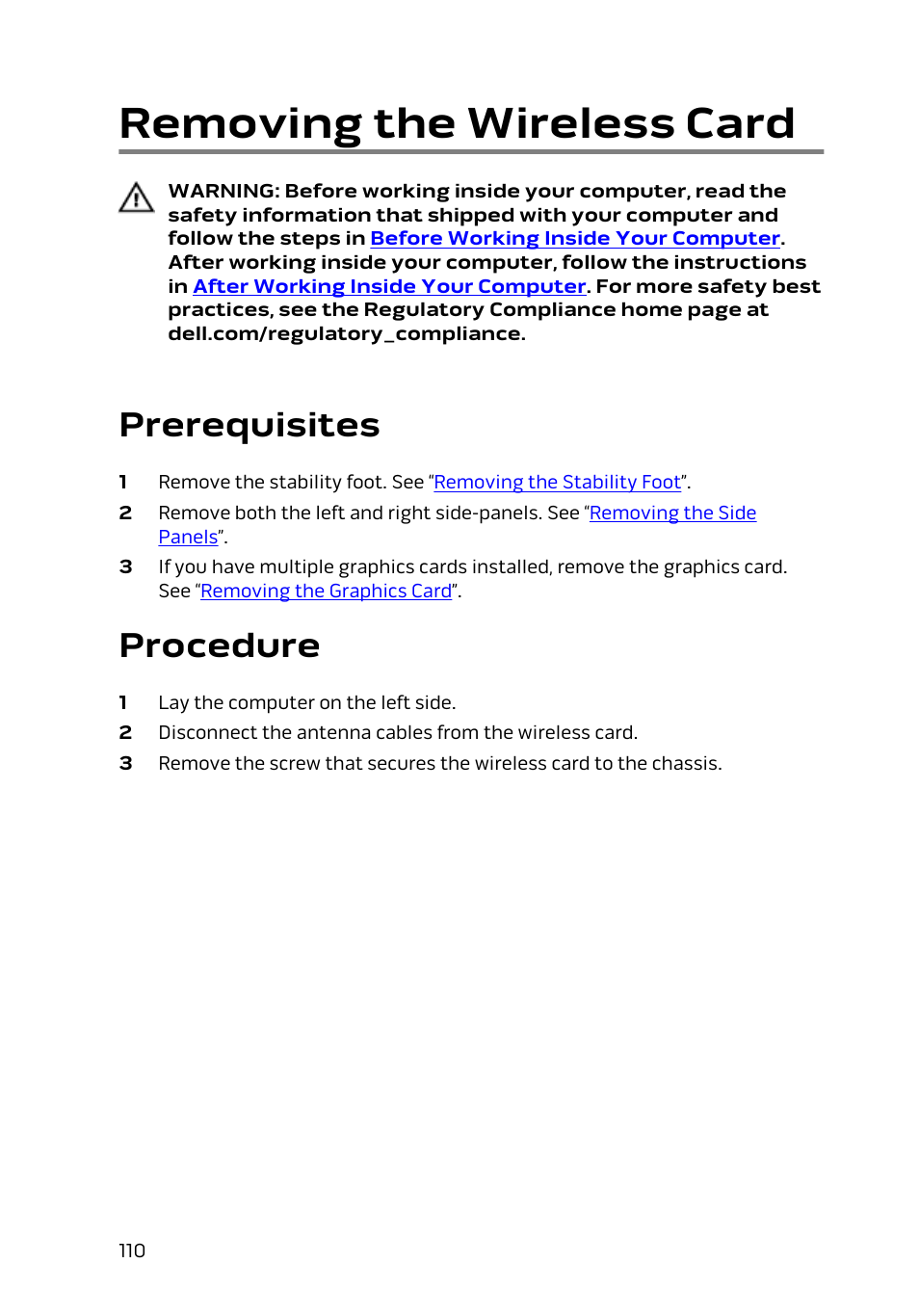 Removing the wireless card, Prerequisites, Procedure | Dell Alienware Area 51 R2 (Late 2014) User Manual | Page 110 / 133