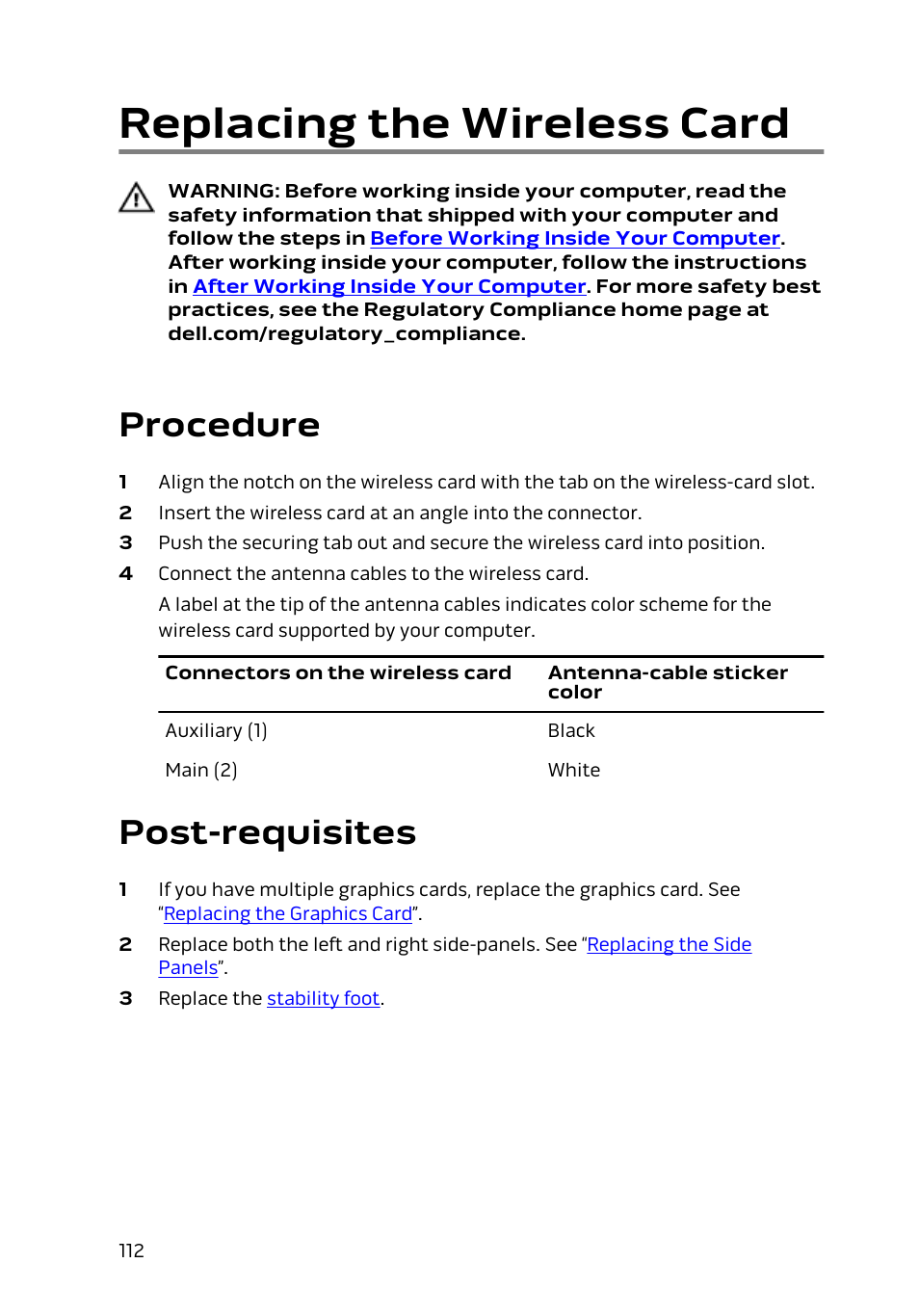 Replacing the wireless card, Procedure, Post-requisites | Dell Alienware Area 51 R2 (Late 2014) User Manual | Page 112 / 133