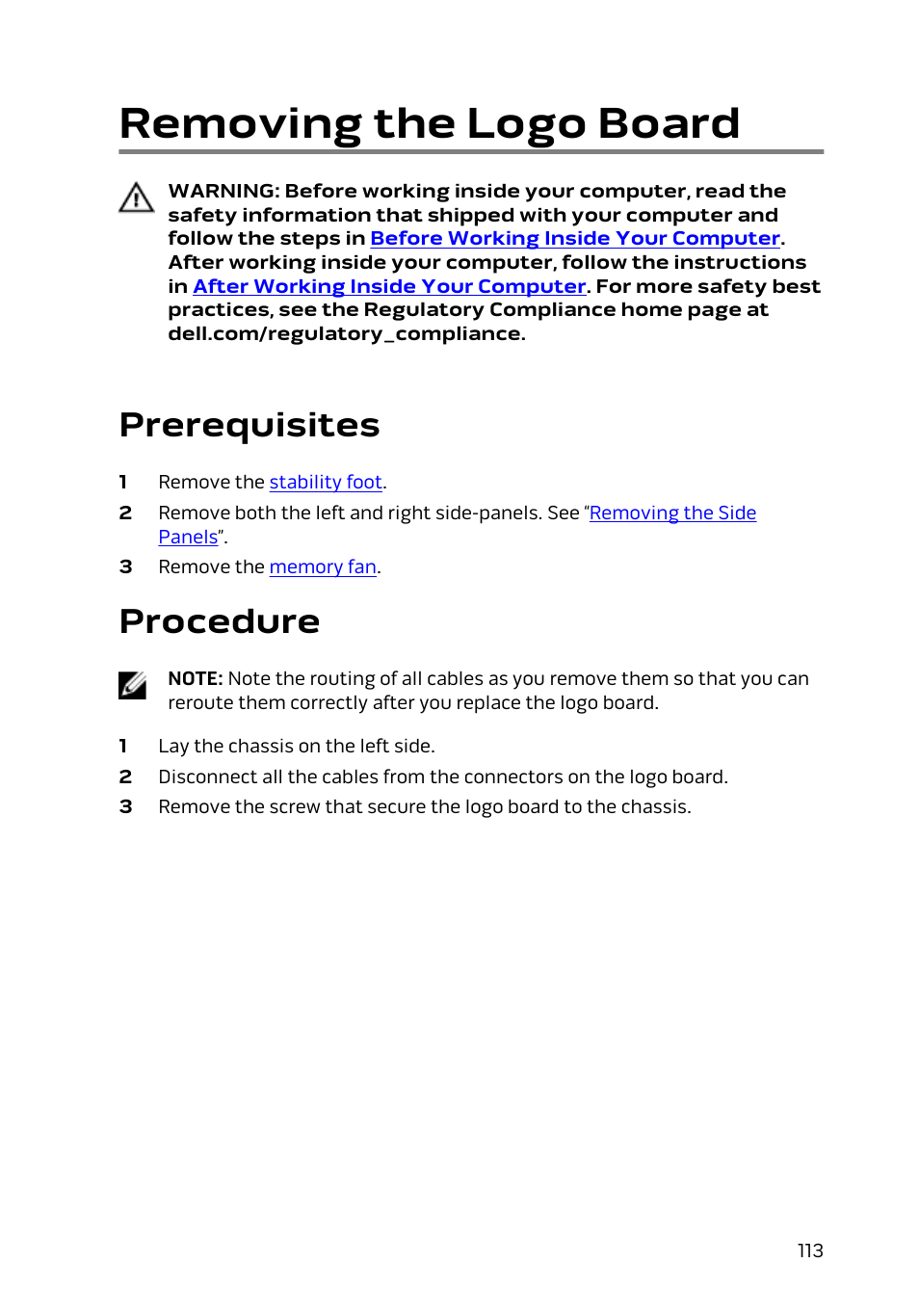 Removing the logo board, Prerequisites, Procedure | Dell Alienware Area 51 R2 (Late 2014) User Manual | Page 113 / 133