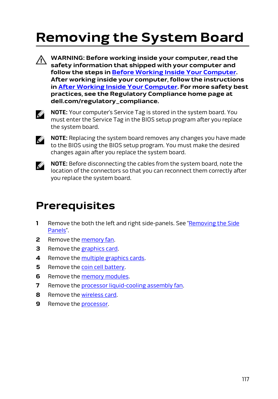 Removing the system board, Prerequisites | Dell Alienware Area 51 R2 (Late 2014) User Manual | Page 117 / 133
