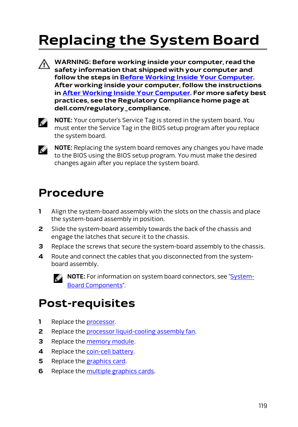 Replacing the system board, Procedure, Post-requisites | Dell Alienware Area 51 R2 (Late 2014) User Manual | Page 119 / 133