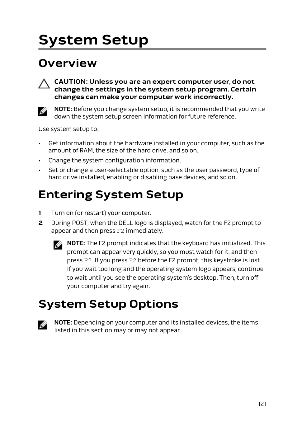 System setup, Overview, Entering system setup | System setup options | Dell Alienware Area 51 R2 (Late 2014) User Manual | Page 121 / 133