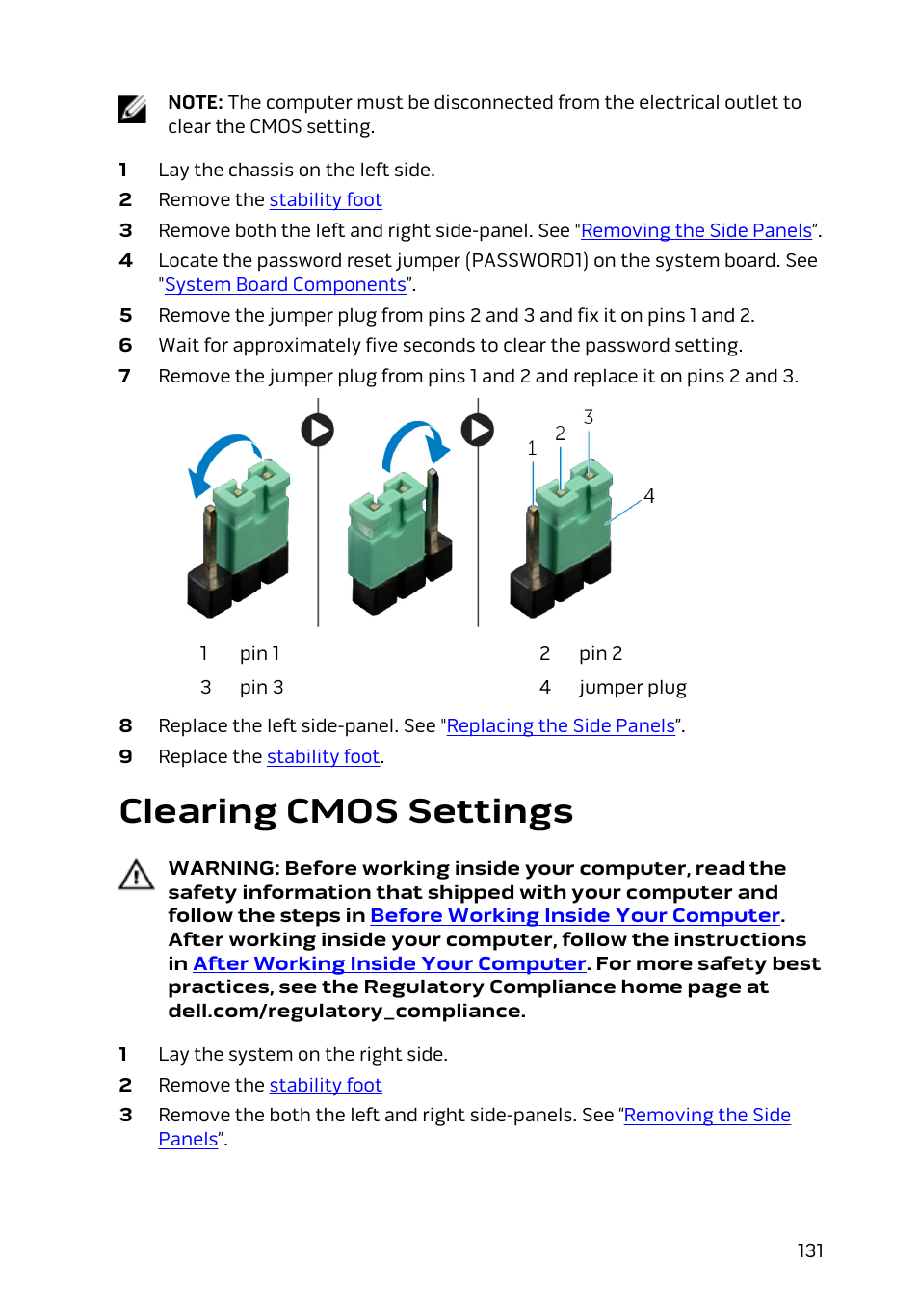 Clearing cmos settings | Dell Alienware Area 51 R2 (Late 2014) User Manual | Page 131 / 133