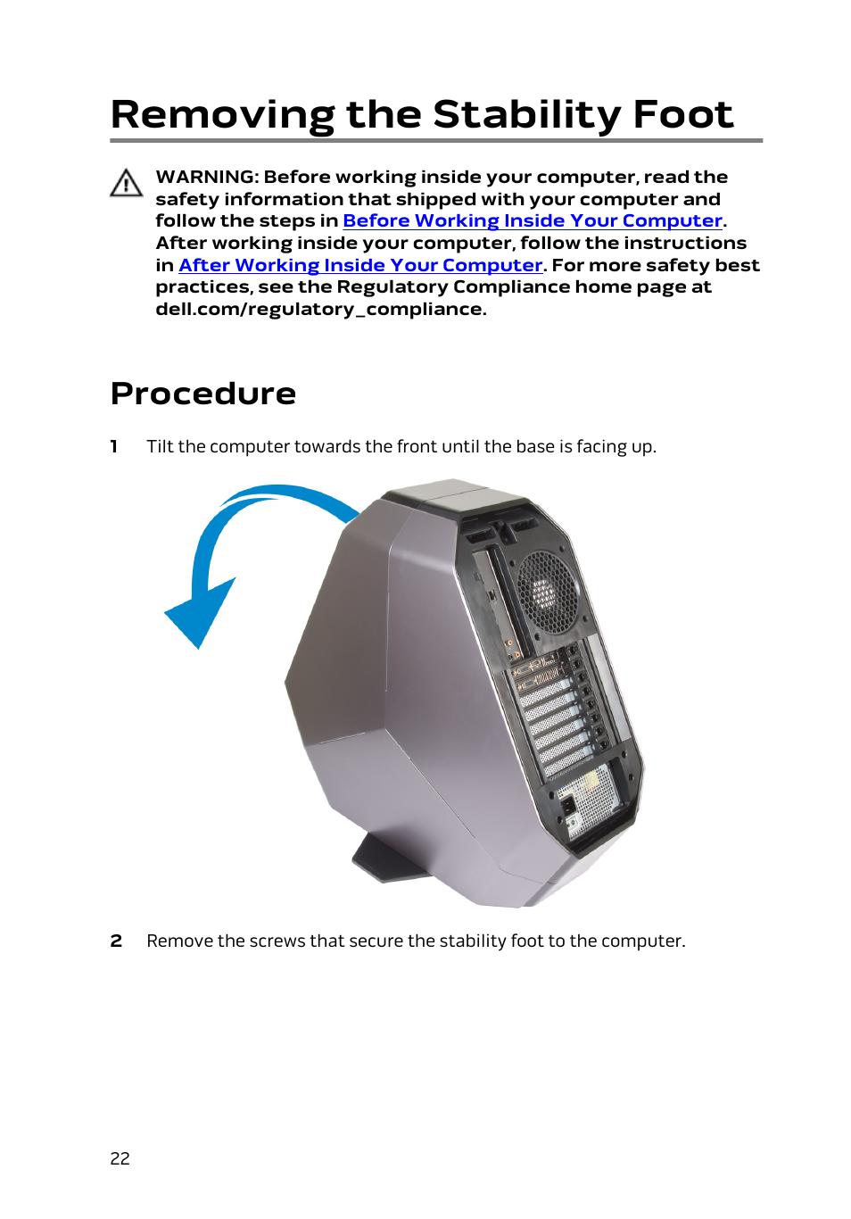 Removing the stability foot, Procedure | Dell Alienware Area 51 R2 (Late 2014) User Manual | Page 22 / 133