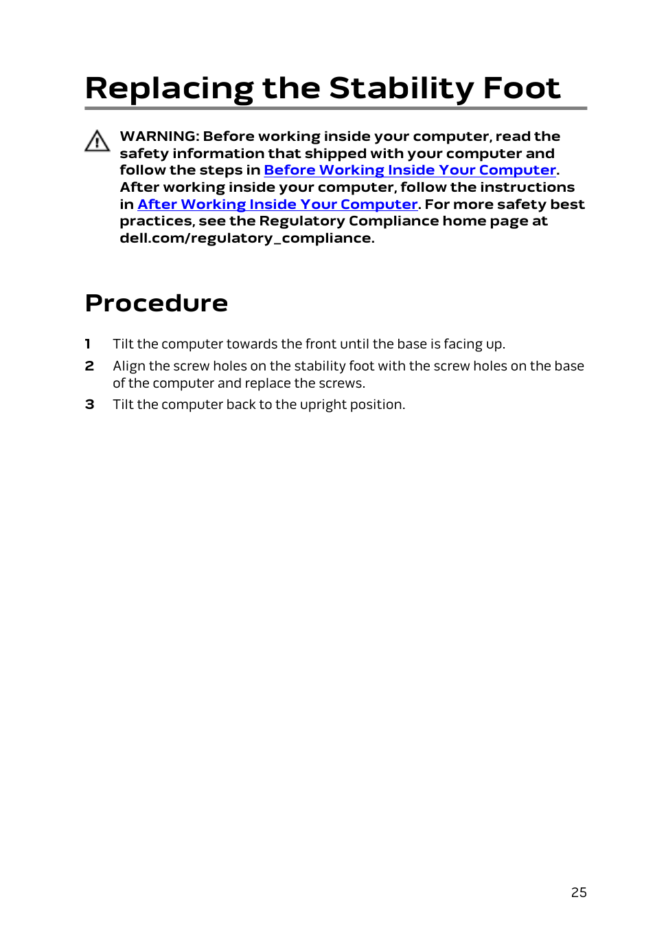 Replacing the stability foot, Procedure | Dell Alienware Area 51 R2 (Late 2014) User Manual | Page 25 / 133