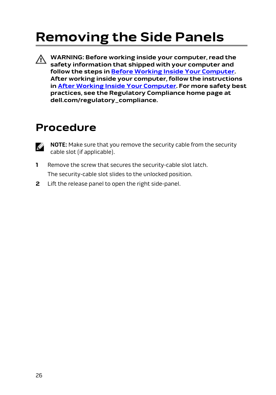 Removing the side panels, Procedure | Dell Alienware Area 51 R2 (Late 2014) User Manual | Page 26 / 133