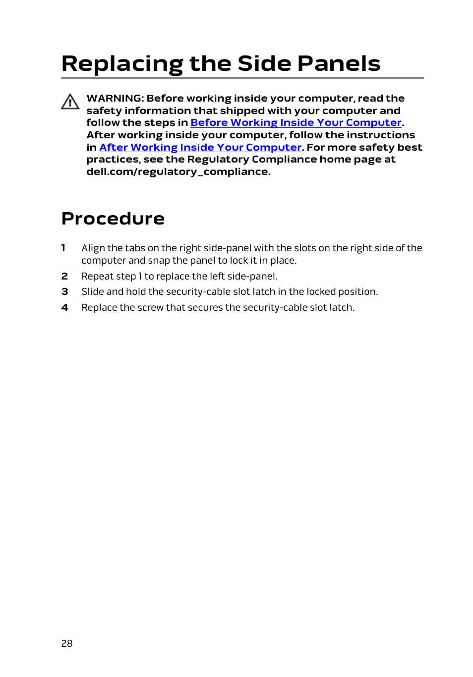 Replacing the side panels, Procedure | Dell Alienware Area 51 R2 (Late 2014) User Manual | Page 28 / 133