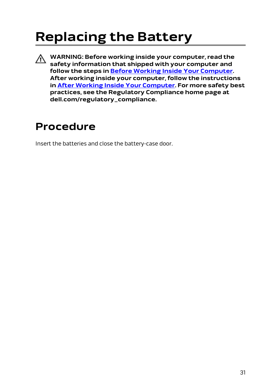 Replacing the battery, Procedure | Dell Alienware Area 51 R2 (Late 2014) User Manual | Page 31 / 133