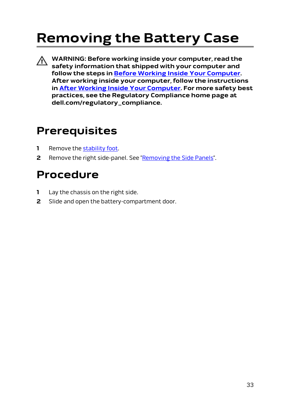 Removing the battery case, Prerequisites, Procedure | Dell Alienware Area 51 R2 (Late 2014) User Manual | Page 33 / 133