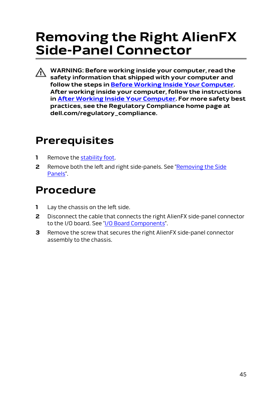 Removing the right alienfx side-panel connector, Prerequisites, Procedure | Removing the right alienfx side-panel, Connector | Dell Alienware Area 51 R2 (Late 2014) User Manual | Page 45 / 133