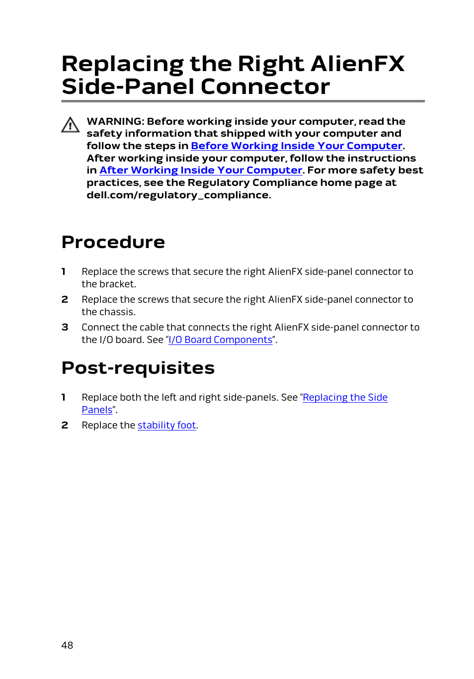 Replacing the right alienfx side-panel connector, Procedure, Post-requisites | Replacing the right alienfx side-panel, Connector | Dell Alienware Area 51 R2 (Late 2014) User Manual | Page 48 / 133