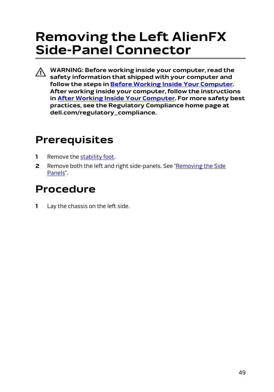 Removing the left alienfx side-panel connector, Prerequisites, Procedure | Removing the left alienfx side-panel, Connector | Dell Alienware Area 51 R2 (Late 2014) User Manual | Page 49 / 133