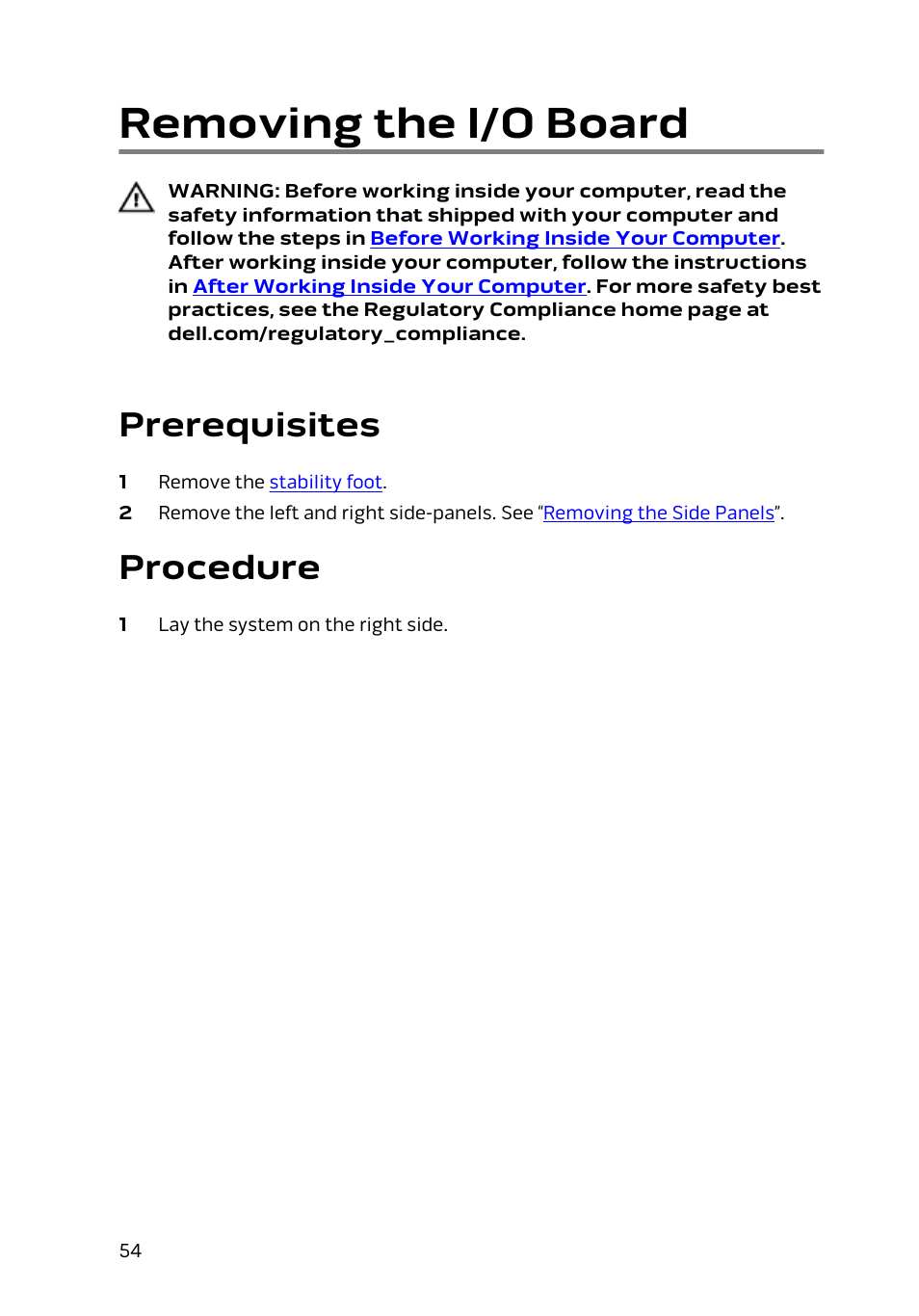 Removing the i/o board, Prerequisites, Procedure | Dell Alienware Area 51 R2 (Late 2014) User Manual | Page 54 / 133