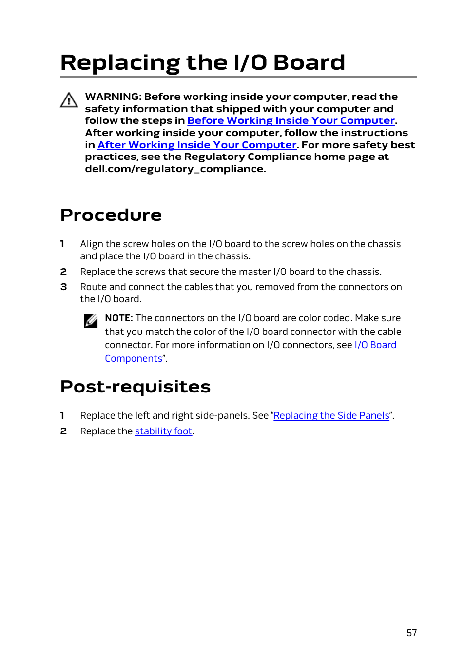 Replacing the i/o board, Procedure, Post-requisites | Dell Alienware Area 51 R2 (Late 2014) User Manual | Page 57 / 133