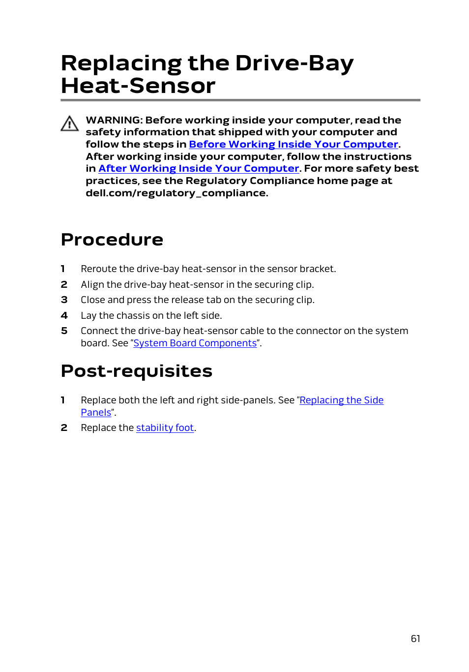 Replacing the drive-bay heat-sensor, Procedure, Post-requisites | Dell Alienware Area 51 R2 (Late 2014) User Manual | Page 61 / 133