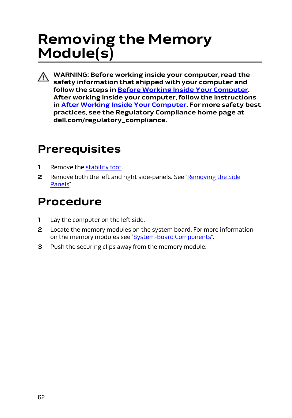 Removing the memory module(s), Prerequisites, Procedure | Dell Alienware Area 51 R2 (Late 2014) User Manual | Page 62 / 133