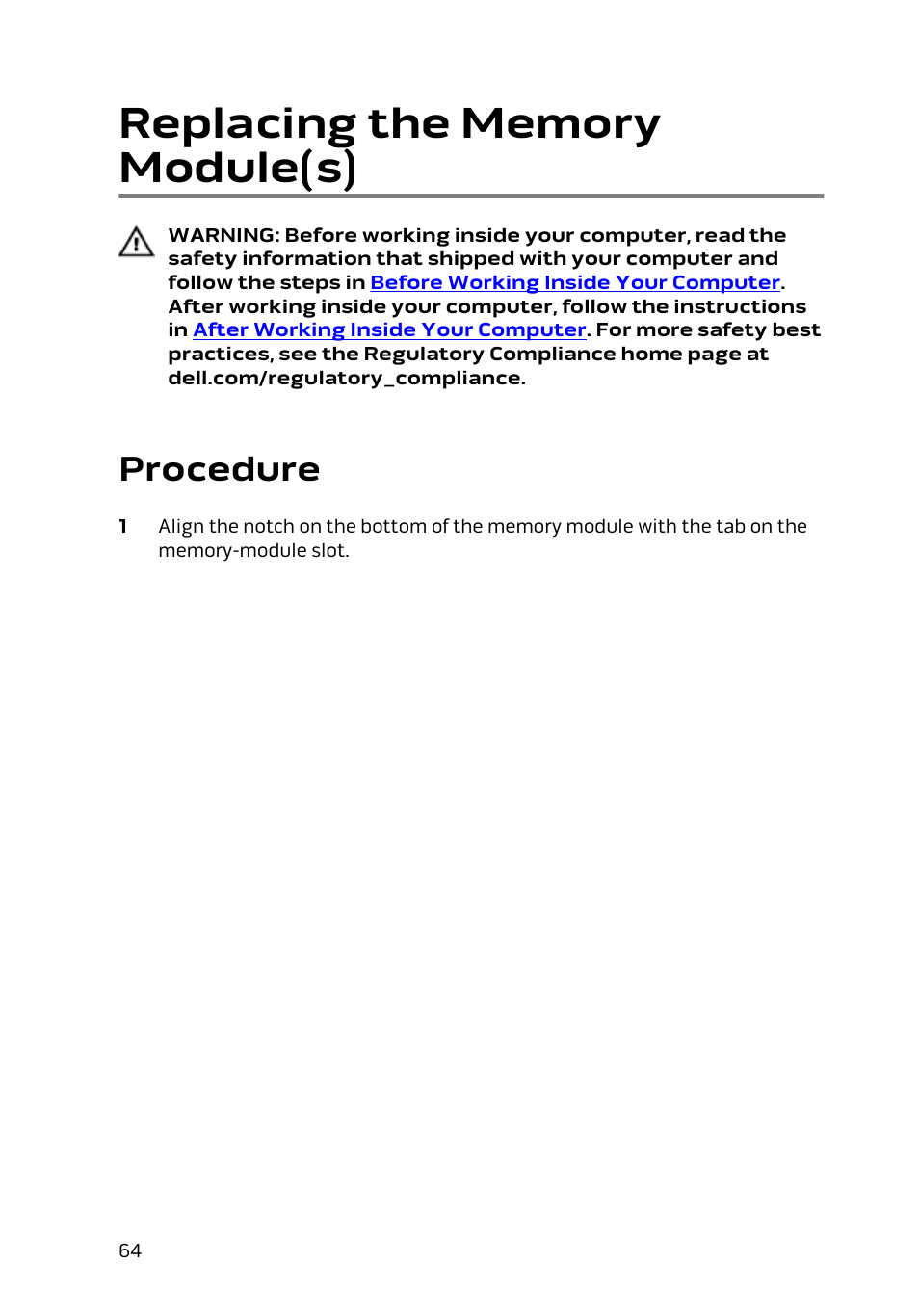 Replacing the memory module(s), Procedure | Dell Alienware Area 51 R2 (Late 2014) User Manual | Page 64 / 133