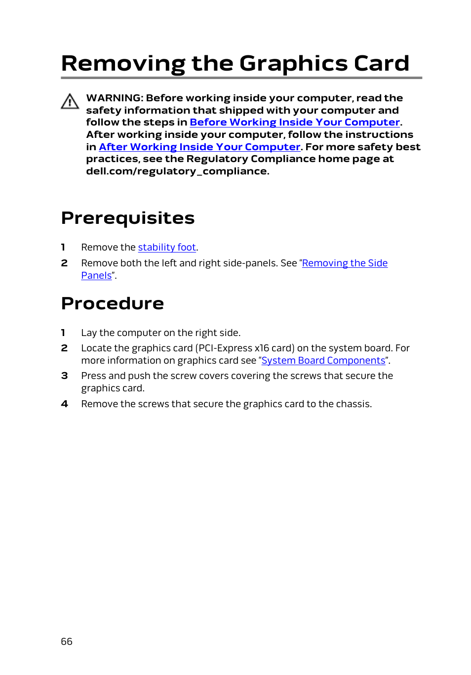 Removing the graphics card, Prerequisites, Procedure | Dell Alienware Area 51 R2 (Late 2014) User Manual | Page 66 / 133