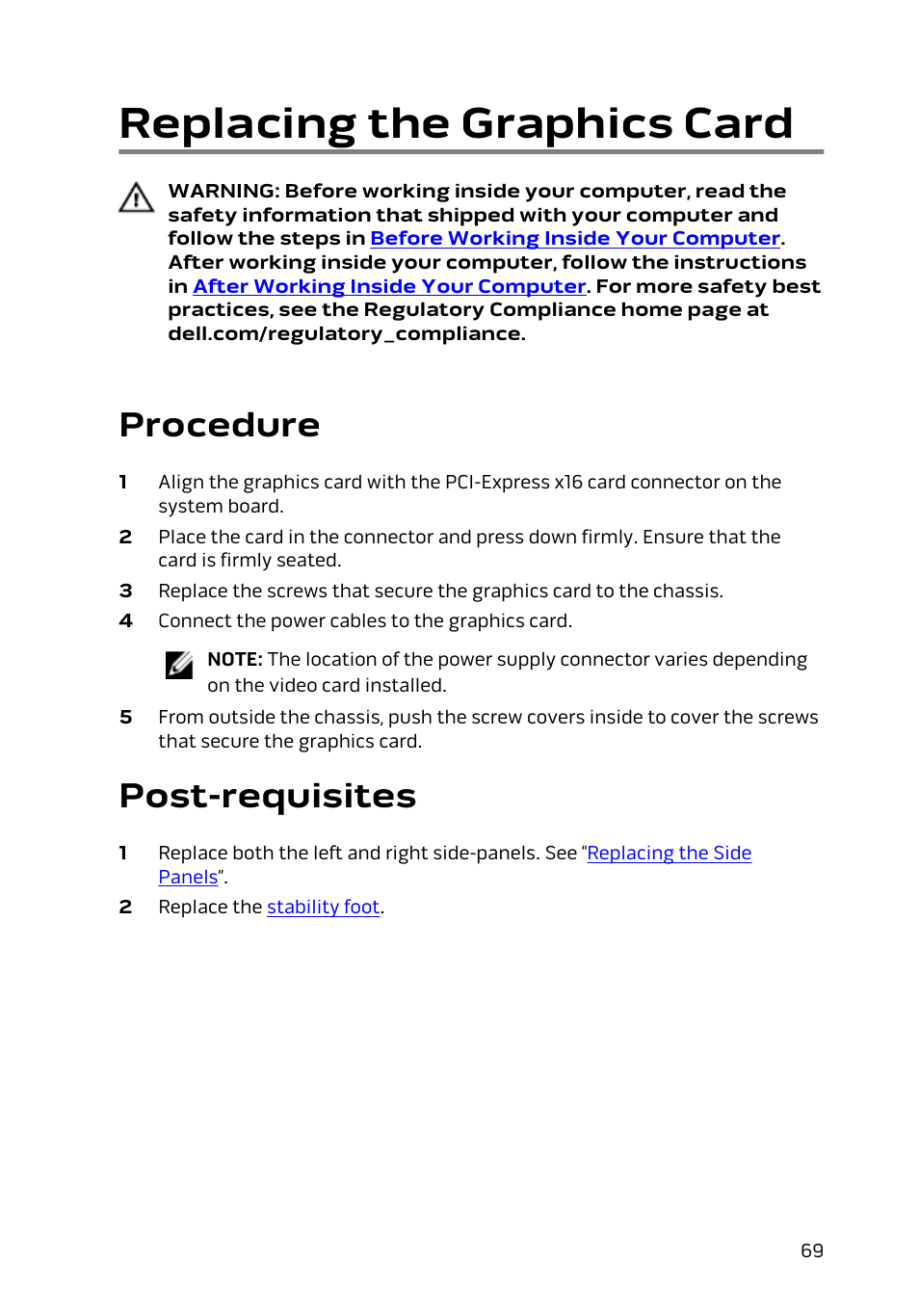 Replacing the graphics card, Procedure, Post-requisites | Dell Alienware Area 51 R2 (Late 2014) User Manual | Page 69 / 133