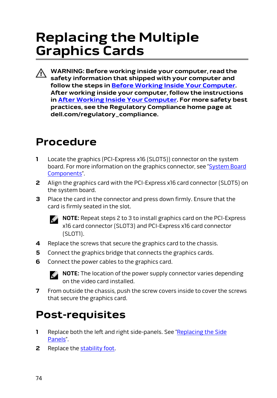 Replacing the multiple graphics cards, Procedure, Post-requisites | Dell Alienware Area 51 R2 (Late 2014) User Manual | Page 74 / 133