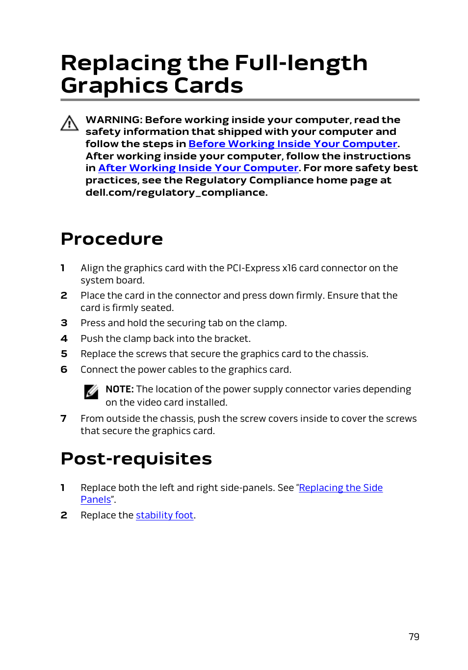 Replacing the full-length graphics cards, Procedure, Post-requisites | Dell Alienware Area 51 R2 (Late 2014) User Manual | Page 79 / 133
