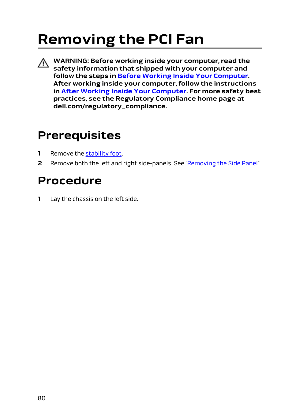 Removing the pci fan, Prerequisites, Procedure | Dell Alienware Area 51 R2 (Late 2014) User Manual | Page 80 / 133