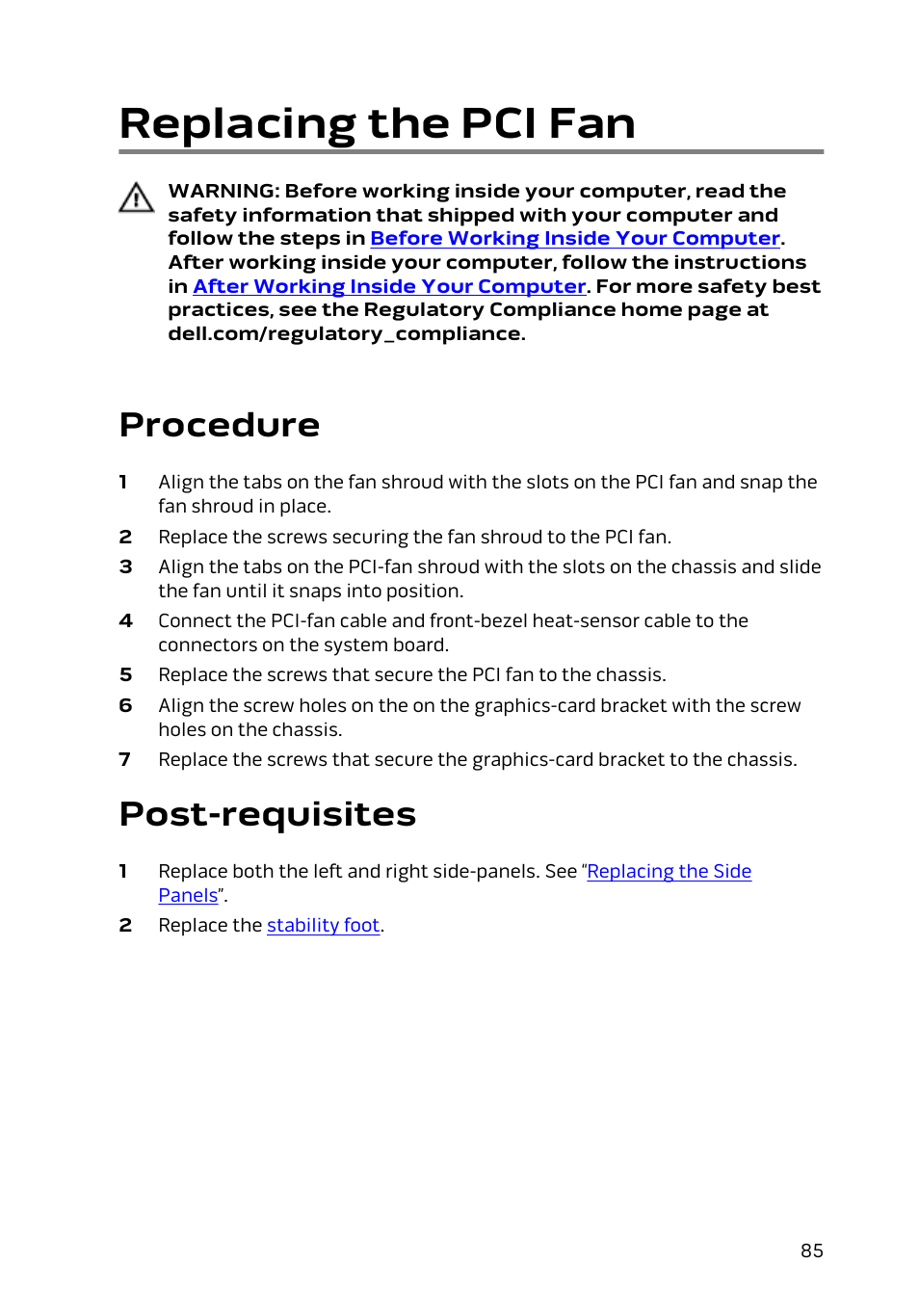 Replacing the pci fan, Procedure, Post-requisites | Dell Alienware Area 51 R2 (Late 2014) User Manual | Page 85 / 133