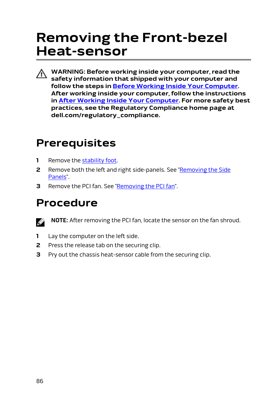 Removing the front-bezel heat-sensor, Prerequisites, Procedure | Dell Alienware Area 51 R2 (Late 2014) User Manual | Page 86 / 133