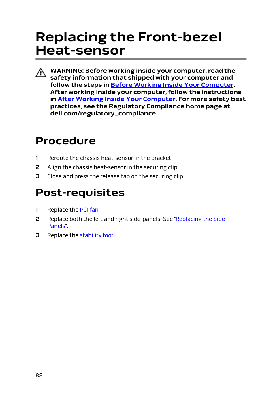 Replacing the front-bezel heat-sensor, Procedure, Post-requisites | Dell Alienware Area 51 R2 (Late 2014) User Manual | Page 88 / 133