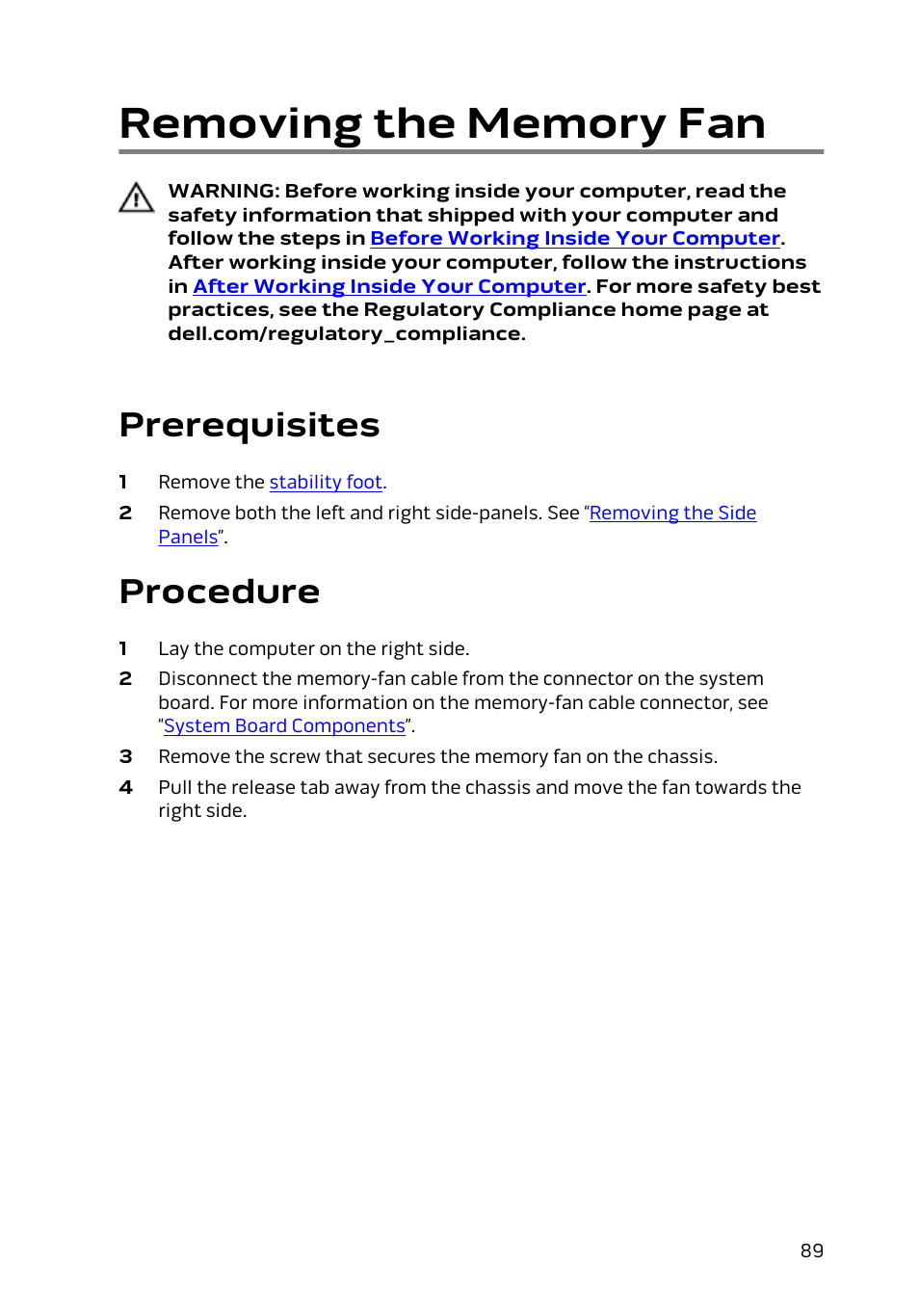 Removing the memory fan, Prerequisites, Procedure | Dell Alienware Area 51 R2 (Late 2014) User Manual | Page 89 / 133