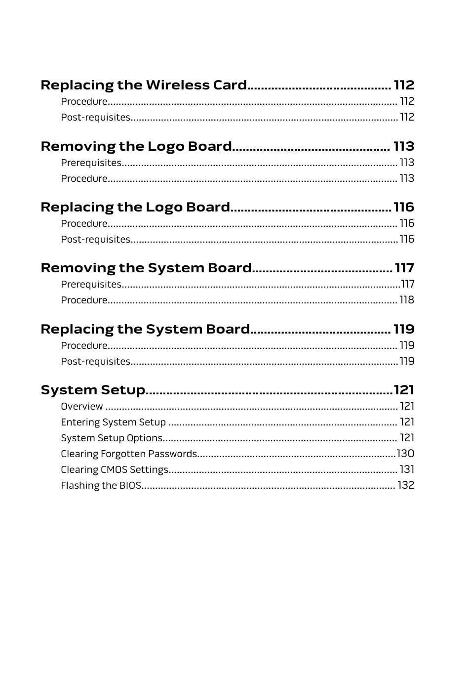 Replacing the wireless card, Removing the logo board, Replacing the logo board | Removing the system board, Replacing the system board, System setup | Dell Alienware Area 51 R2 (Late 2014) User Manual | Page 9 / 133