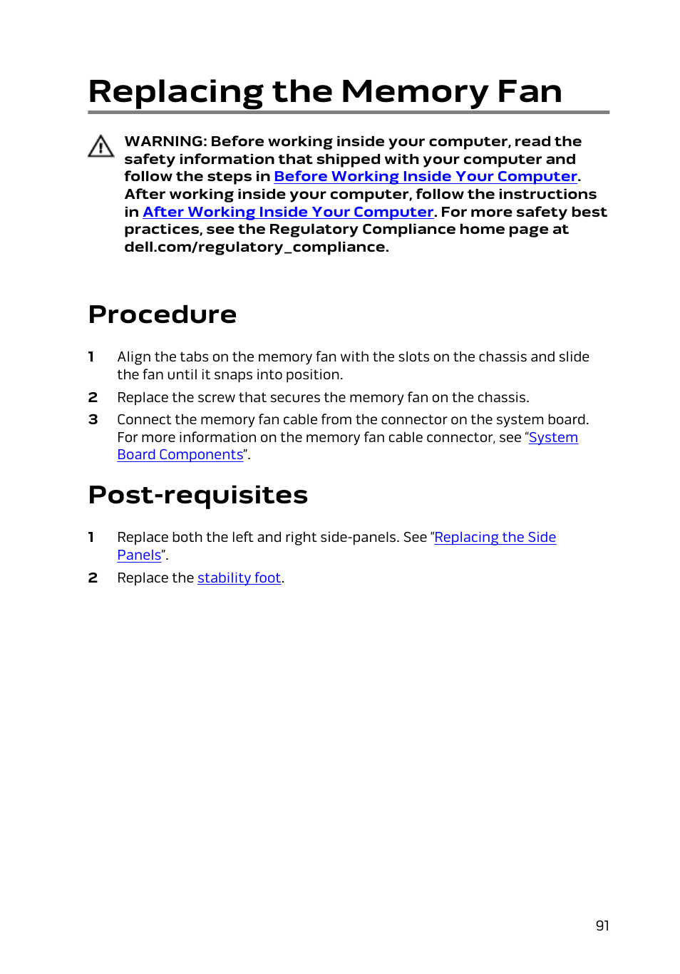 Replacing the memory fan, Procedure, Post-requisites | Dell Alienware Area 51 R2 (Late 2014) User Manual | Page 91 / 133