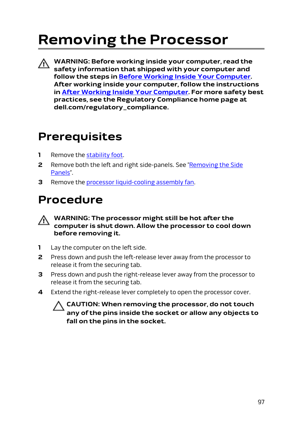 Removing the processor, Prerequisites, Procedure | Dell Alienware Area 51 R2 (Late 2014) User Manual | Page 97 / 133
