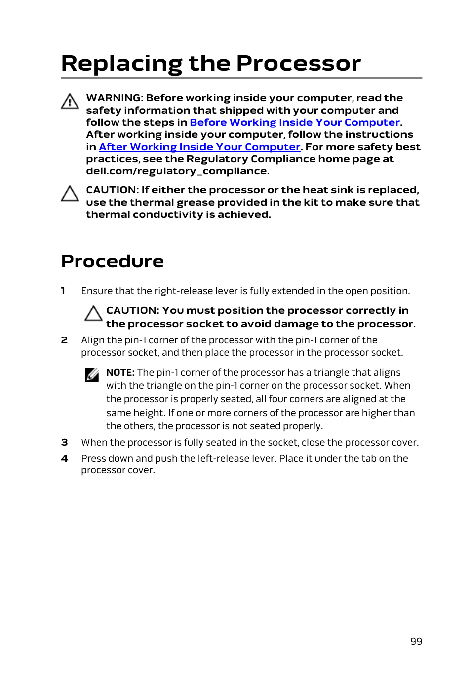 Replacing the processor, Procedure | Dell Alienware Area 51 R2 (Late 2014) User Manual | Page 99 / 133