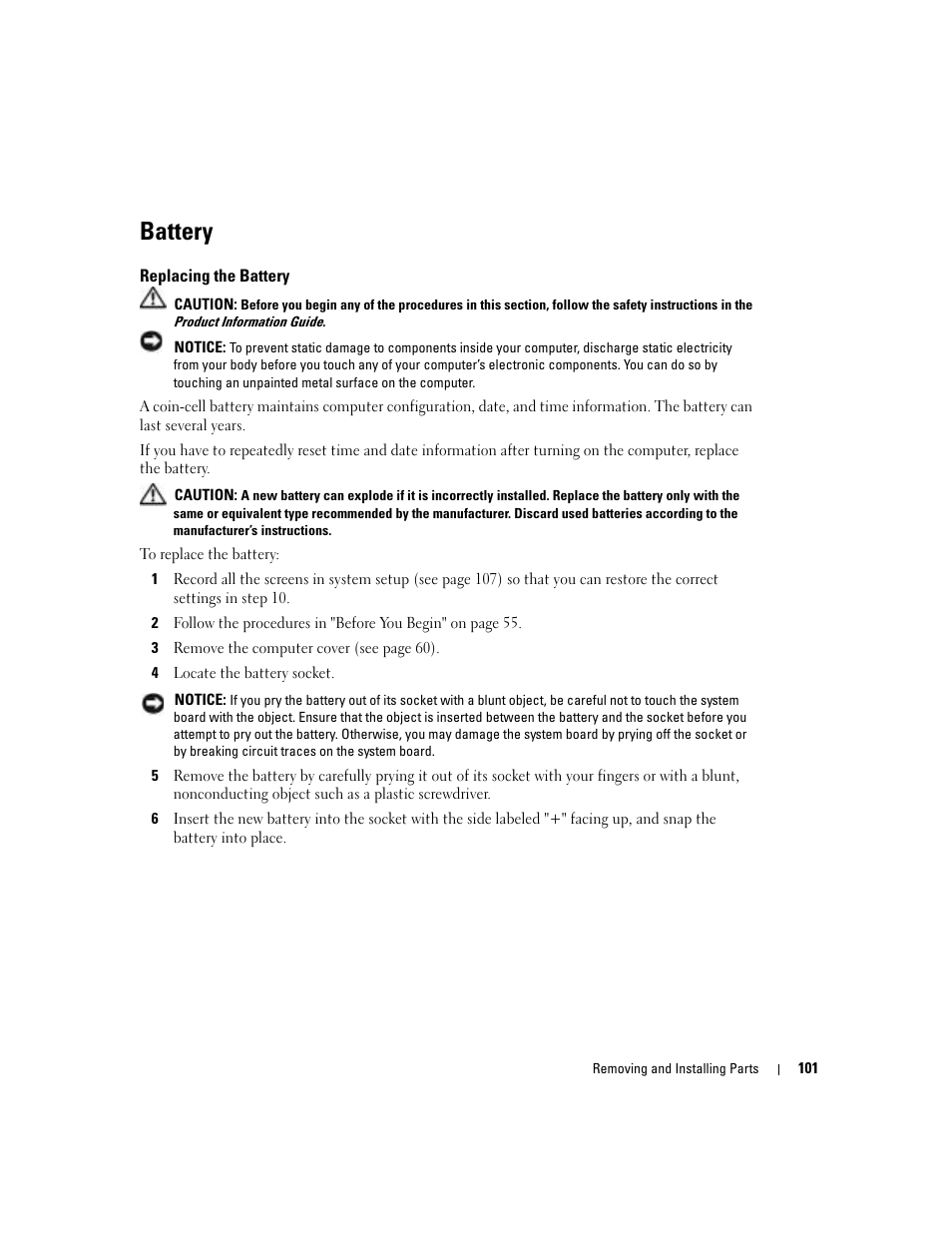 Battery, Replacing the battery | Dell Dimension 9100 User Manual | Page 101 / 140