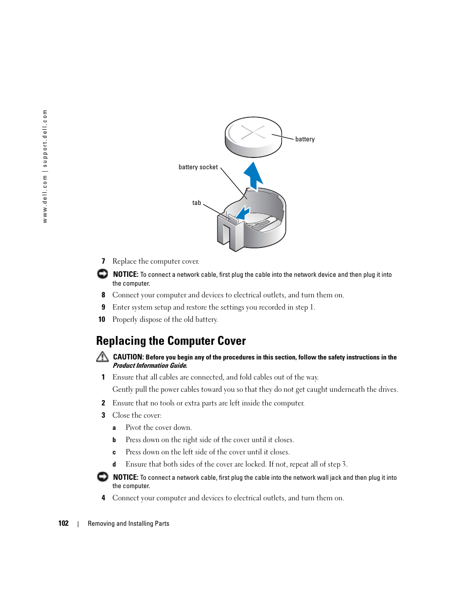 Replacing the computer cover, Settings in step 10 | Dell Dimension 9100 User Manual | Page 102 / 140