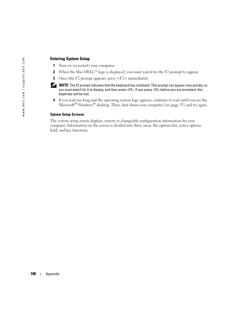 Entering system setup, 108) and select the appropriate | Dell Dimension 9100 User Manual | Page 108 / 140