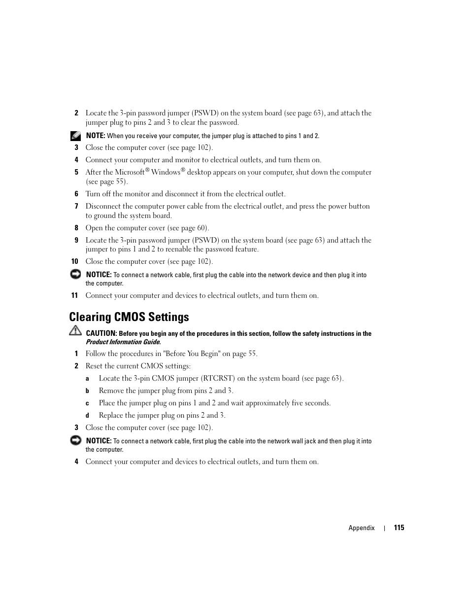 Clearing cmos settings | Dell Dimension 9100 User Manual | Page 115 / 140