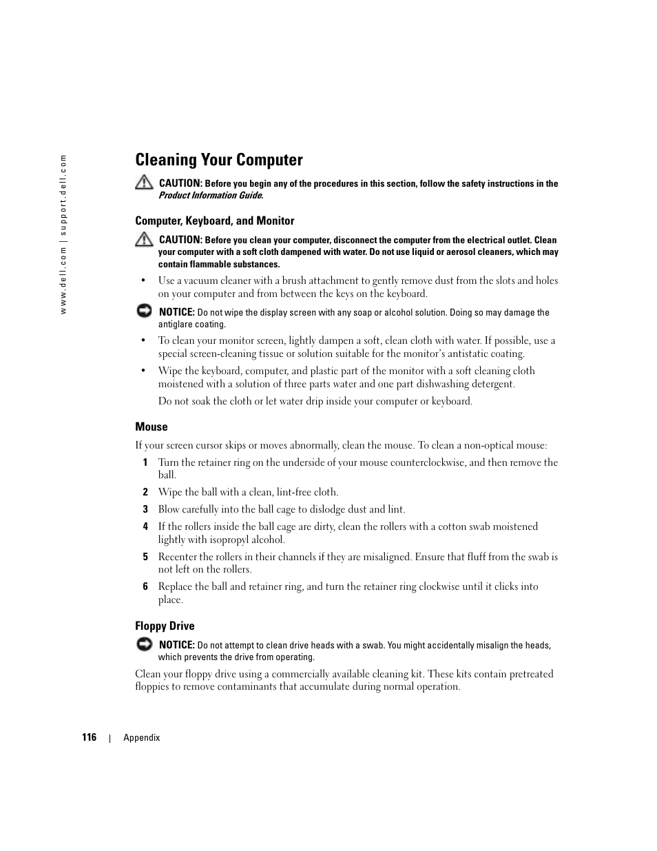 Cleaning your computer, Computer, keyboard, and monitor, Mouse | Floppy drive | Dell Dimension 9100 User Manual | Page 116 / 140