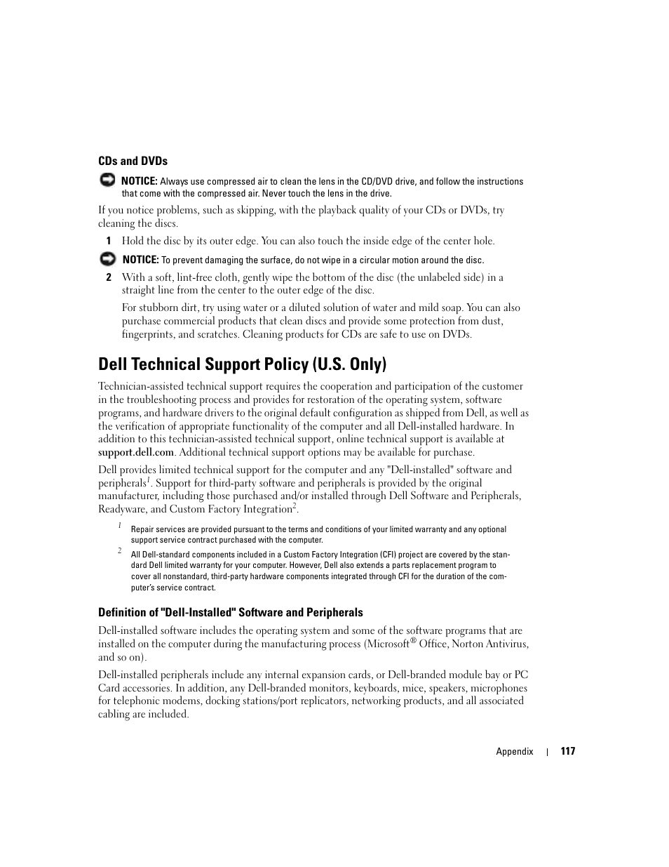 Cds and dvds, Dell technical support policy (u.s. only) | Dell Dimension 9100 User Manual | Page 117 / 140