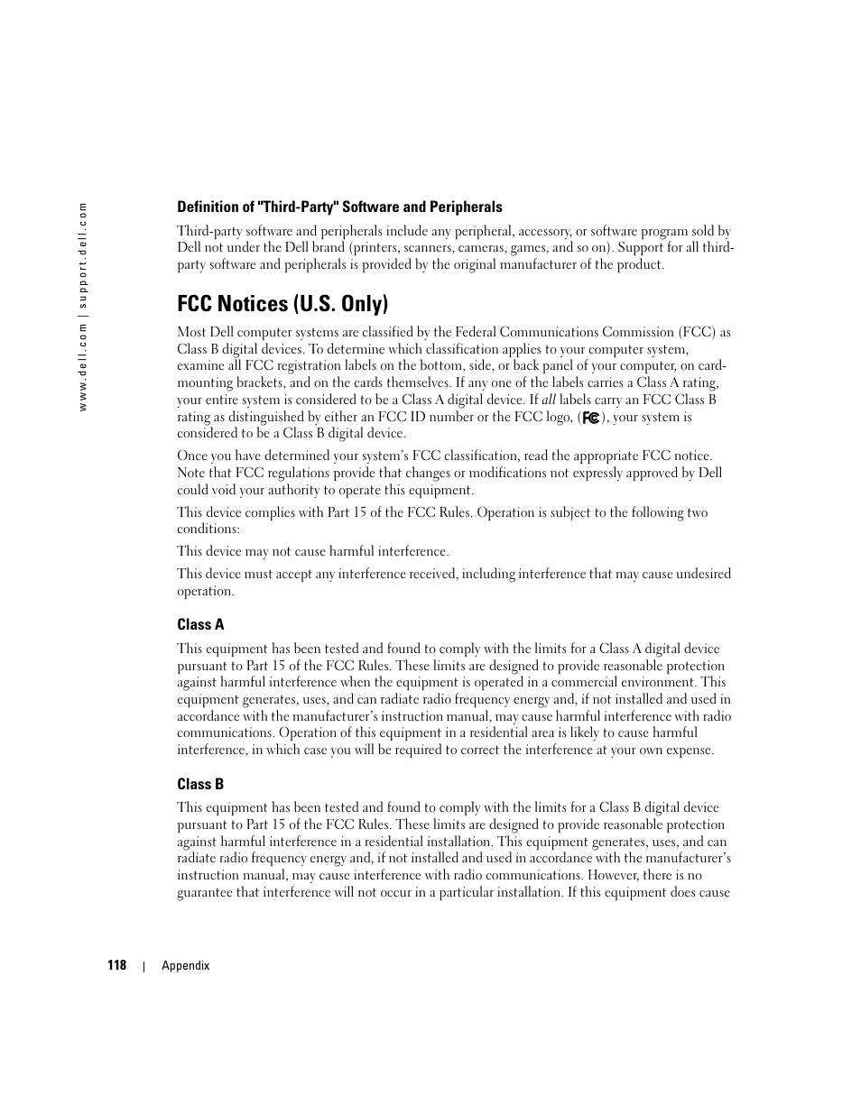 Fcc notices (u.s. only), Class a, Class b | Dell Dimension 9100 User Manual | Page 118 / 140