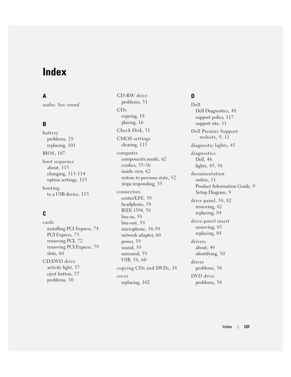 Index | Dell Dimension 9100 User Manual | Page 137 / 140