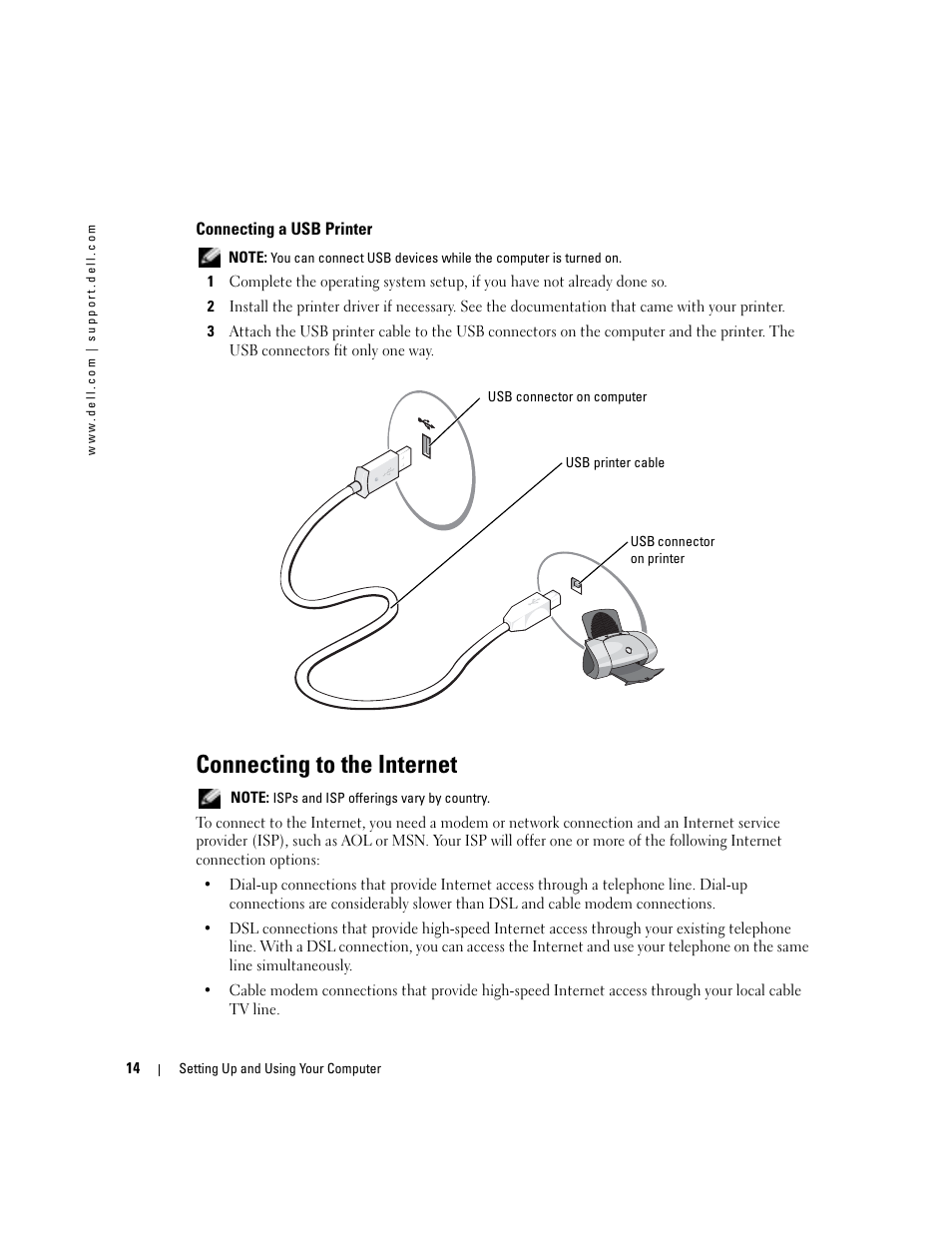 Connecting a usb printer, Connecting to the internet | Dell Dimension 9100 User Manual | Page 14 / 140