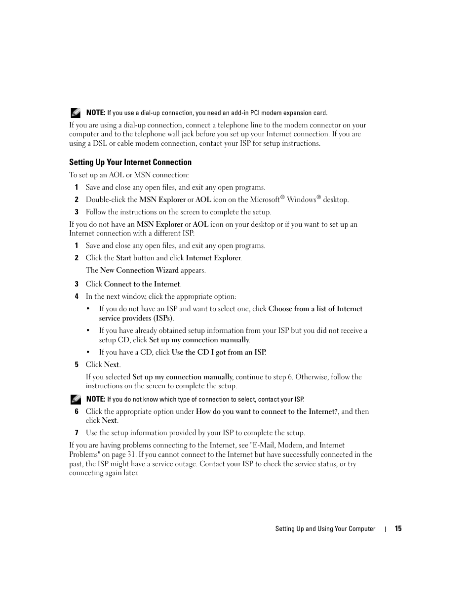 Setting up your internet connection | Dell Dimension 9100 User Manual | Page 15 / 140