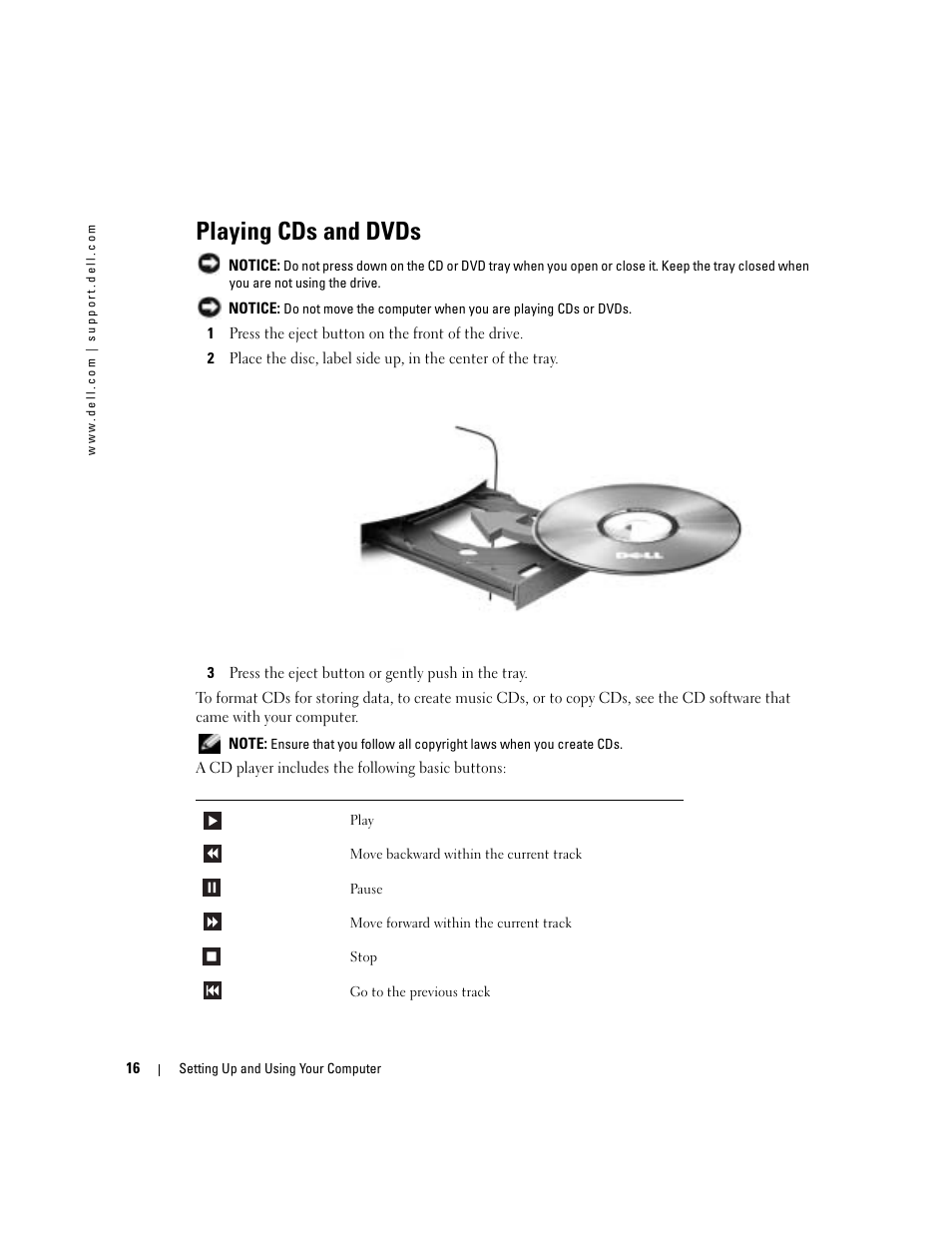 Playing cds and dvds | Dell Dimension 9100 User Manual | Page 16 / 140