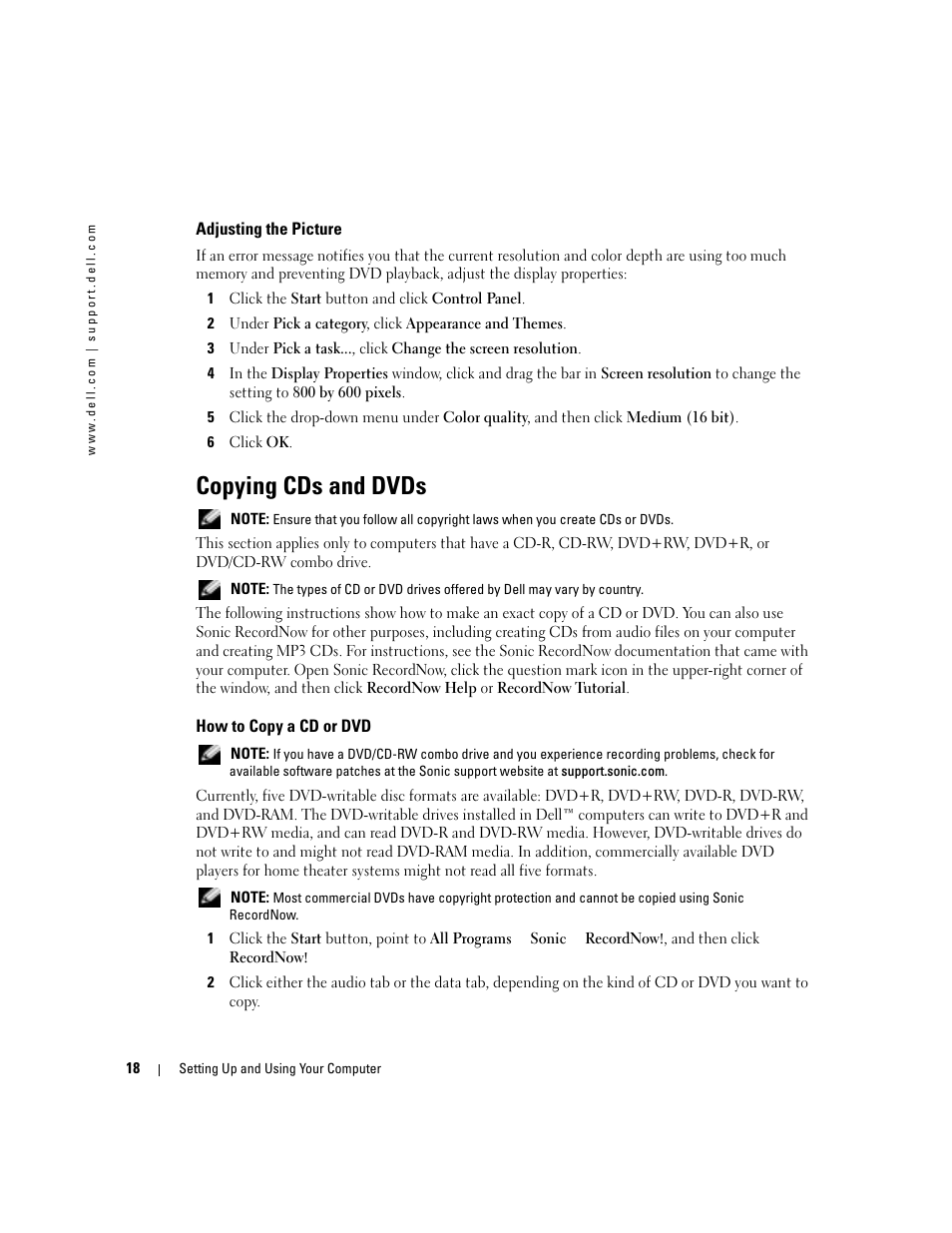 Adjusting the picture, Copying cds and dvds, How to copy a cd or dvd | Dell Dimension 9100 User Manual | Page 18 / 140