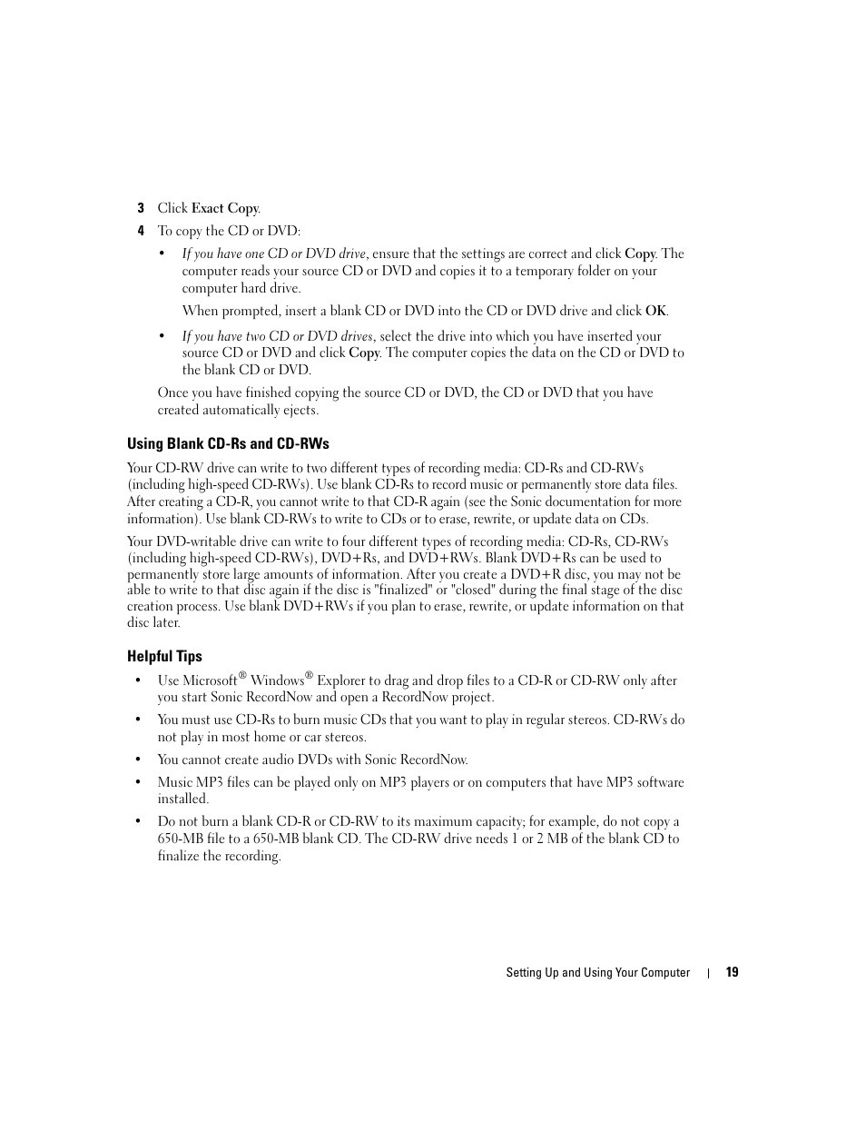 Using blank cd-rs and cd-rws, Helpful tips | Dell Dimension 9100 User Manual | Page 19 / 140