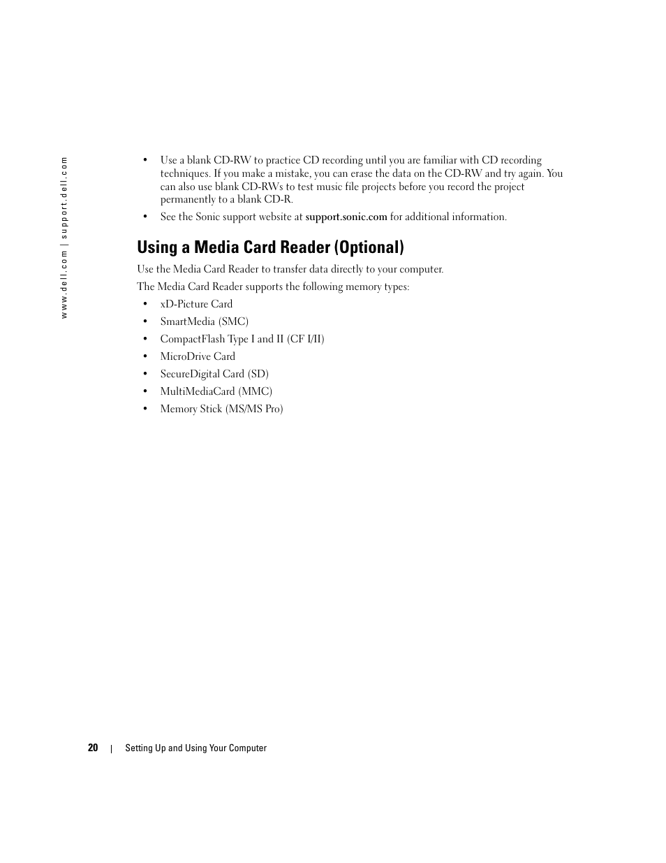 Using a media card reader (optional) | Dell Dimension 9100 User Manual | Page 20 / 140