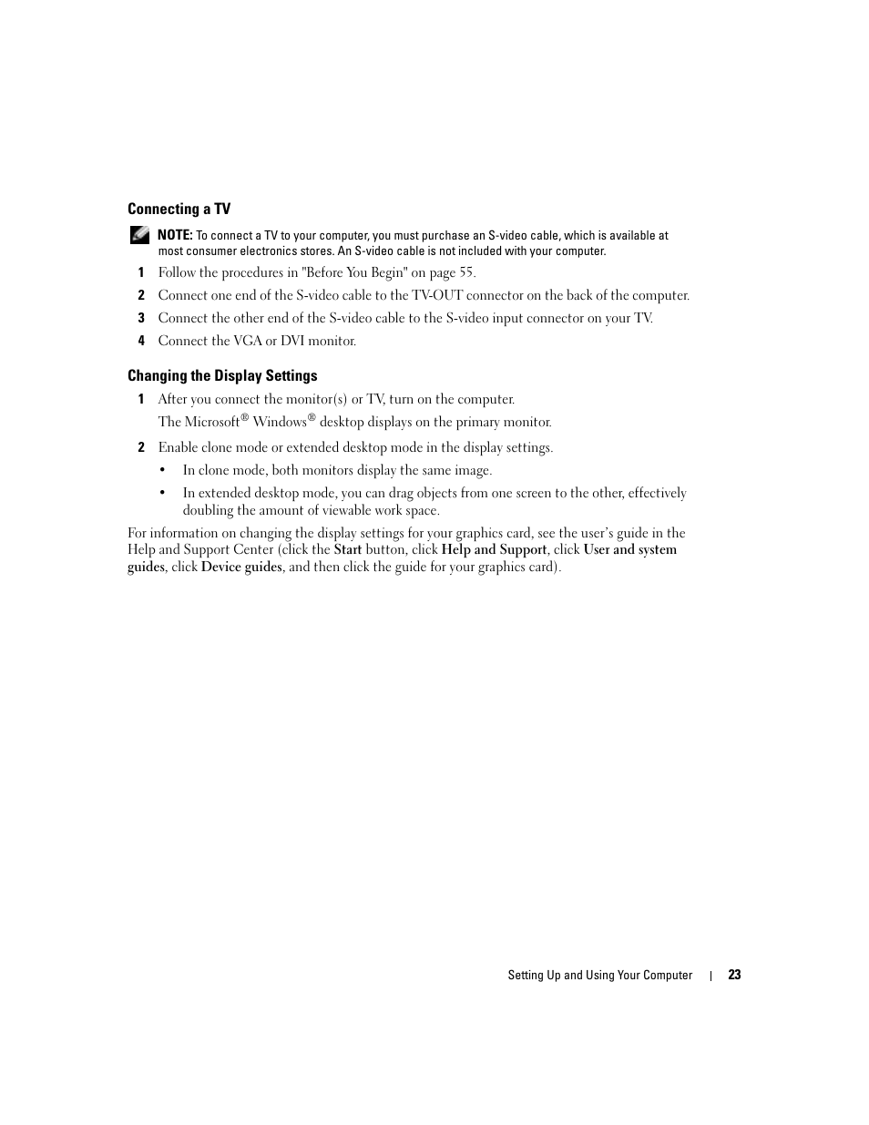 Connecting a tv, Changing the display settings | Dell Dimension 9100 User Manual | Page 23 / 140