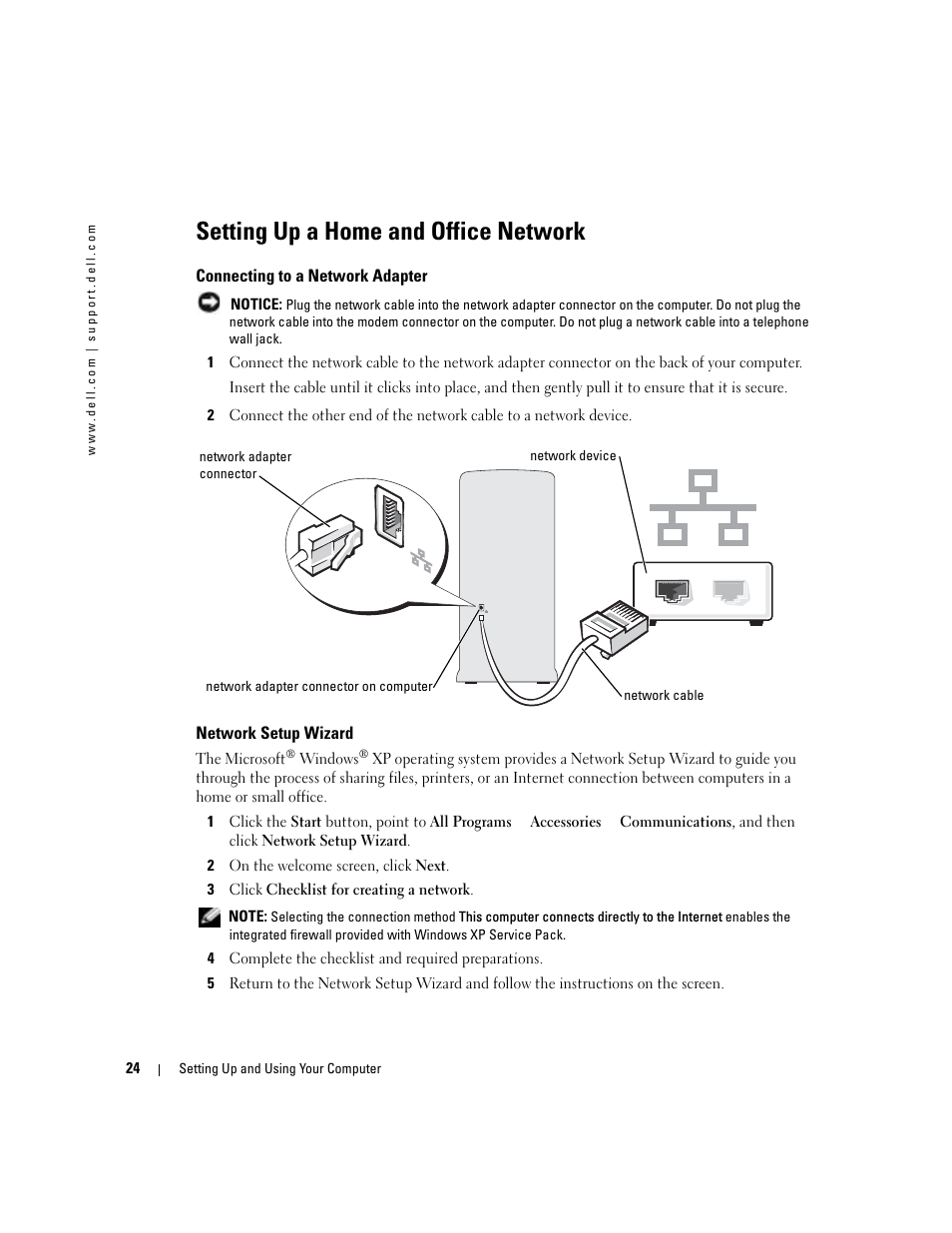 Setting up a home and office network, Connecting to a network adapter, Network setup wizard | Dell Dimension 9100 User Manual | Page 24 / 140